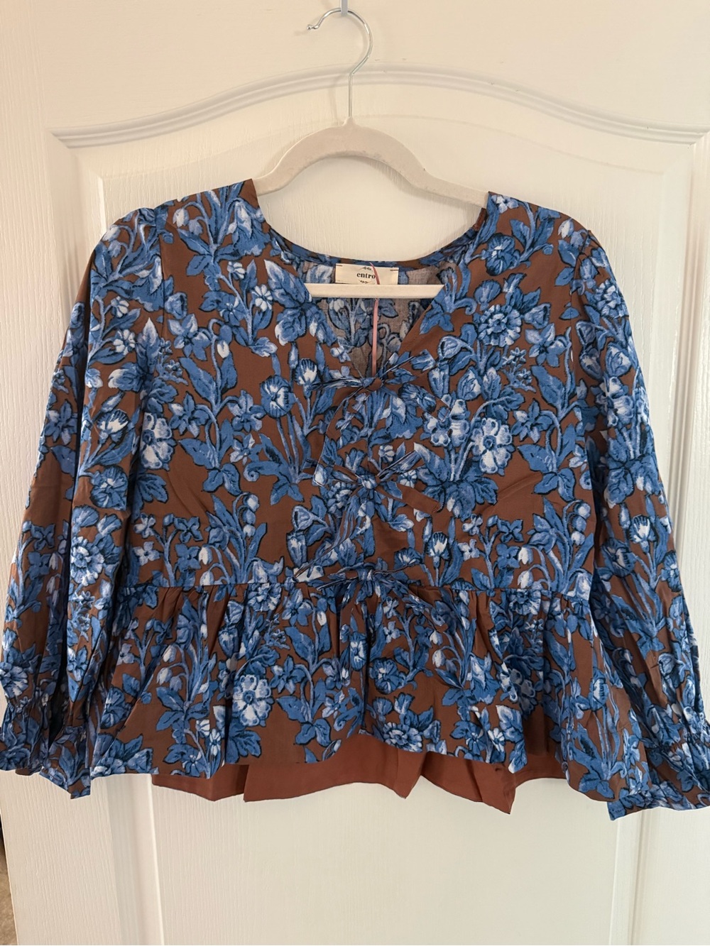 Entro Brown Floral Peplum Blouse with Blue Floral Print in size medium
